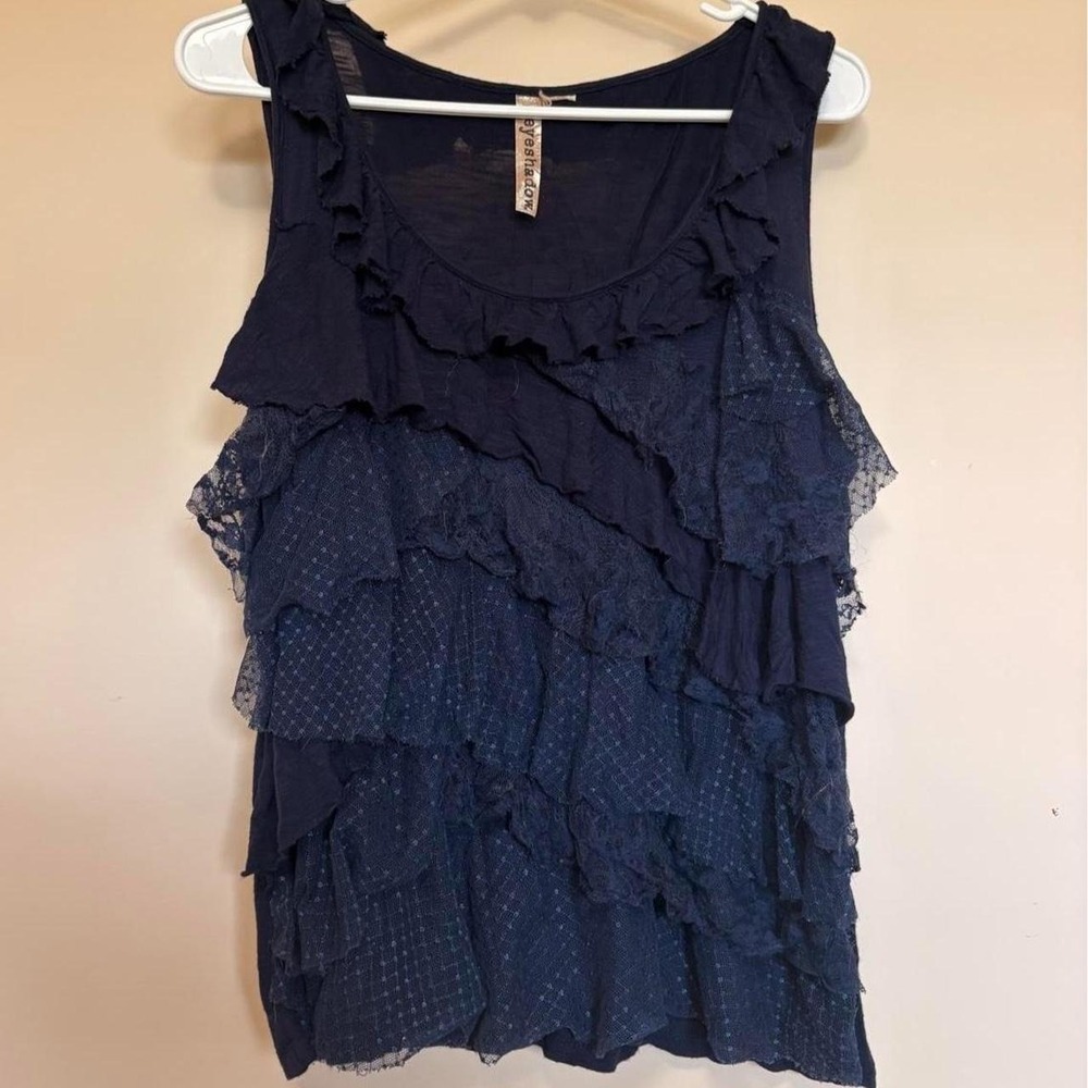 Y2K Eyeshadow Navy blue ruffle and lace tank top